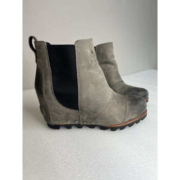 Sorel Lea‎ Comfort Waterproof Gray Leather Nubuck Wedge Chelsea Booties Sz 5.5 - Picture 1 of 11